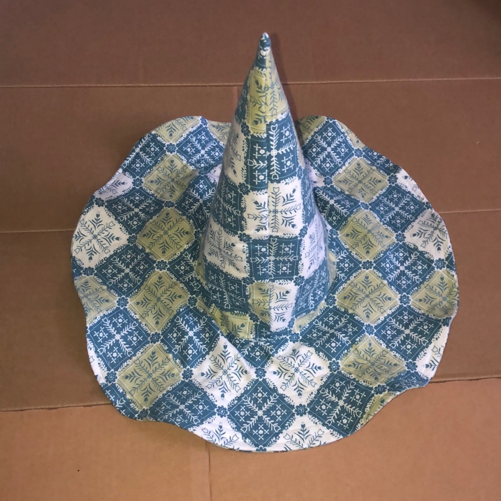Summerween Witches Hat in reversible Green and Blue quilted pattern & floral